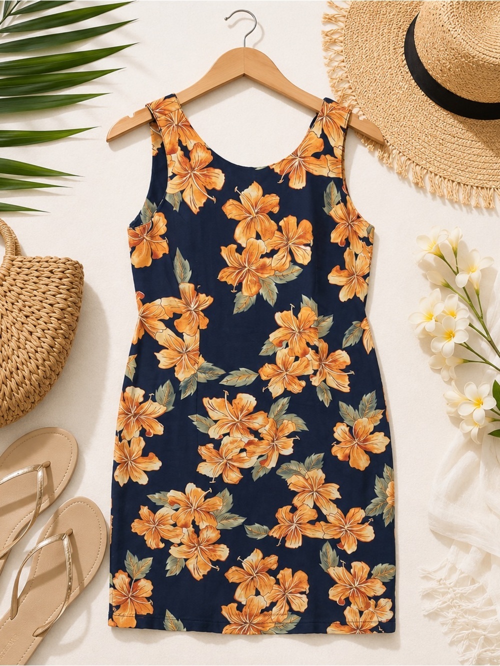 Vintage Pineapple Moon Navy Floral Silk Sundress with Orange Blossoms Size Sm
